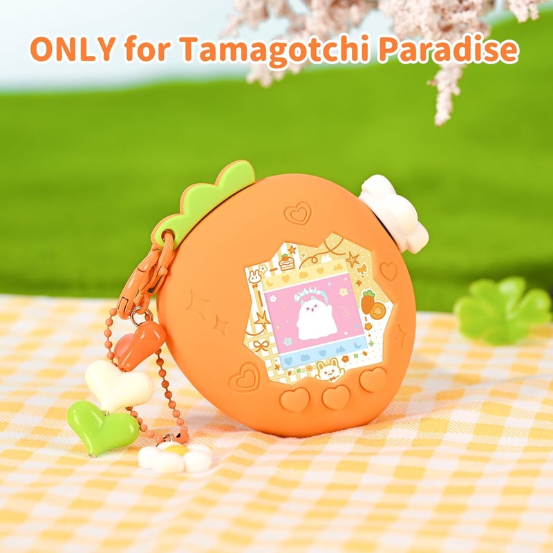 BUBBLELOGUS Strawberry Bubble Protective Case for Tamagotchi Paradise, Soft TPU Silicone Cover with Holographic Faceplate, Flower Shaped Zoom Dial Cap & Charms Set, Anti-Scratch & Waterproof (Orange) - Image 2